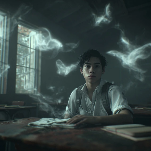 Scared Filipino Student In Haunted Classroom