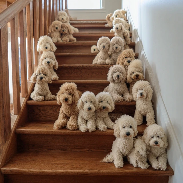 Poodle Dogs on Stairs Adorable Puppy Picture