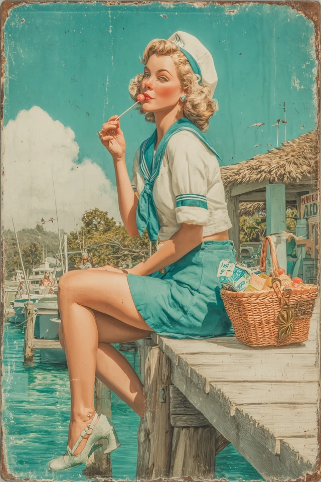 Vintage Sailor Girl Fishing Lollipop Dock Scene Art