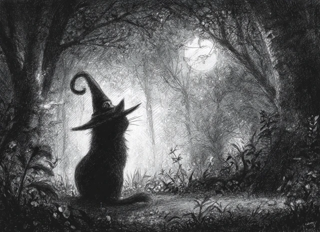 Black Cat Witch in Enchanted Forest Ghibli Style