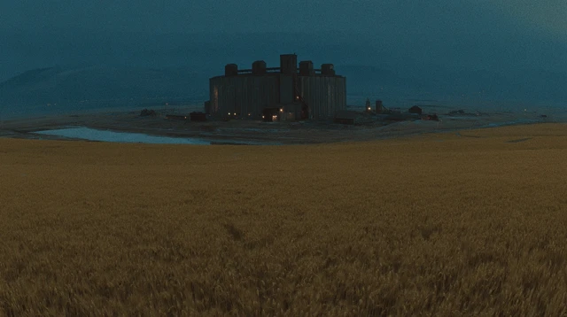 Cyberpunk Noir Film Still Wheat Field Brutalist