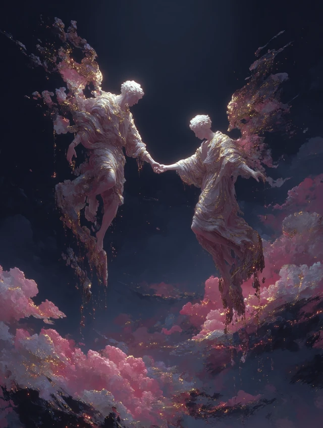 Couple in Space Holding Hands Minimalist Art