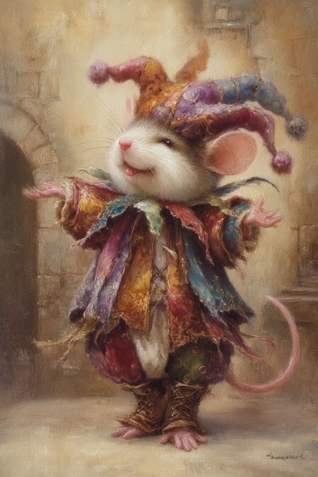 Dormouse Jester in Colorful Costume and Boots