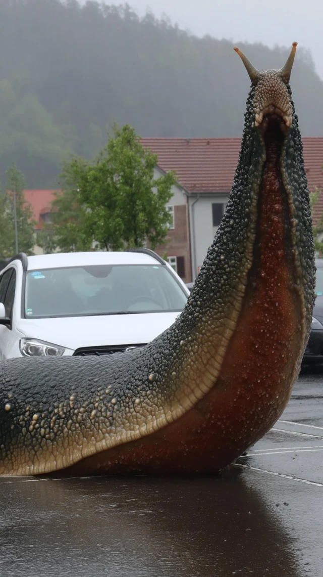Giant Slug Attacks Car in German Town Rainy Day