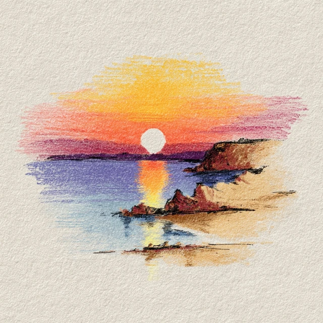 Beach Sunset Line Work Illustration