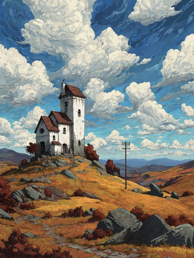 Tower House Landscape Sky Art