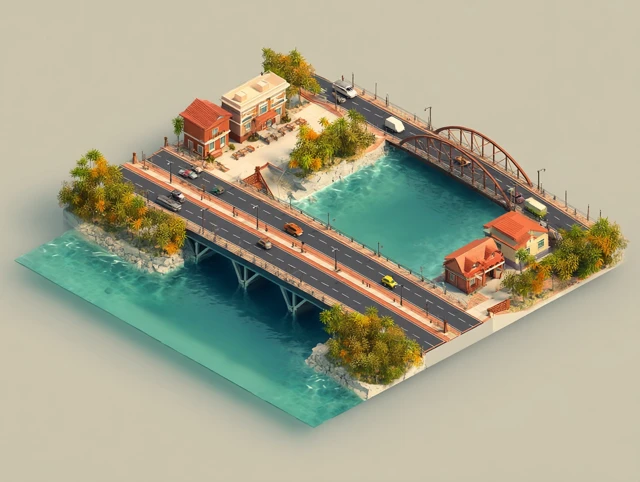 Isometric Game Design Cross River Bridge 3D Rendering