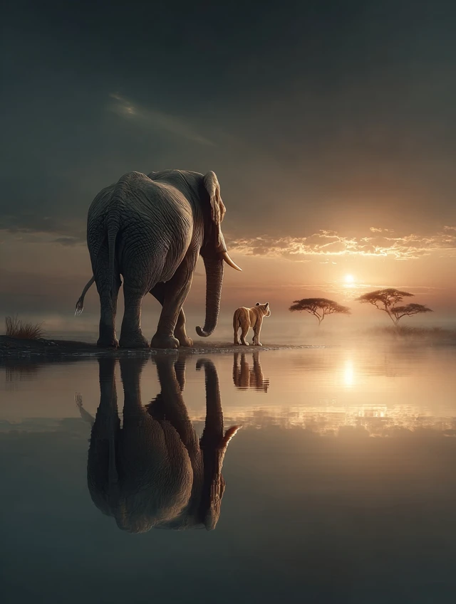 African Sunrise Lion Cub and Elephant