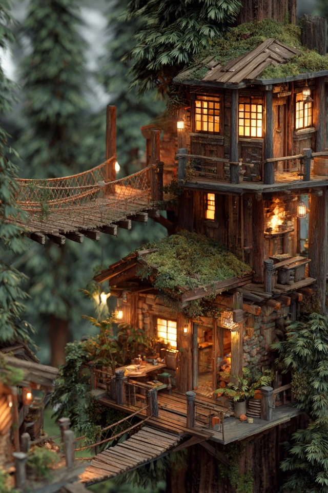 Cozy Treehouse Forest Cabin in Misty Golden Hour Light