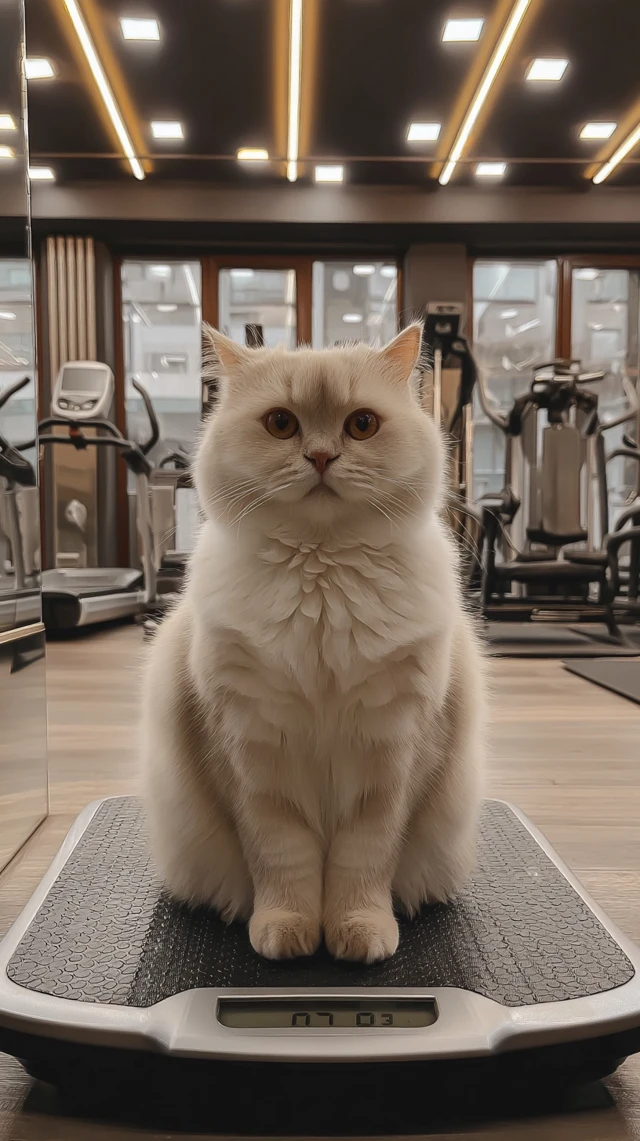 Cat on Scale in Modern Gym CloseUp Magazine Cover