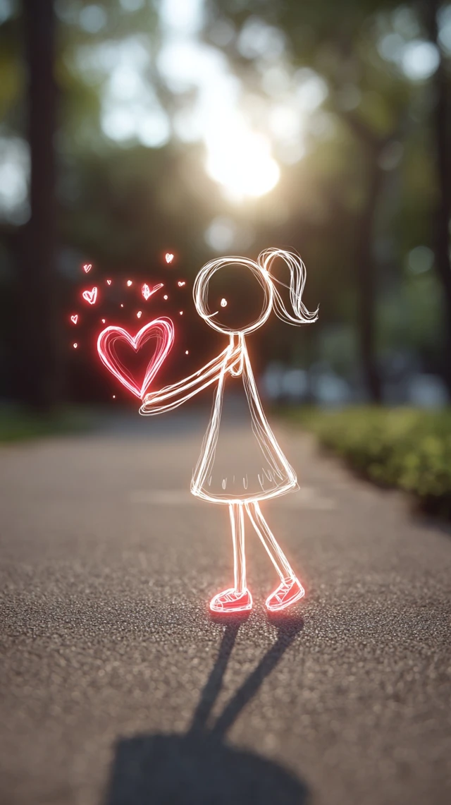 Anime Girl with Neon Heart in Summer Park