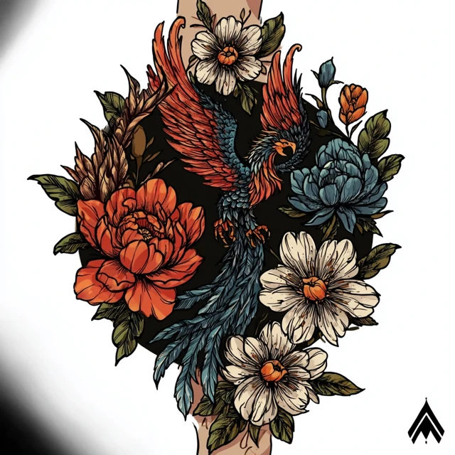 Neo Traditional Tattoo Design: Phoenix and Flowers