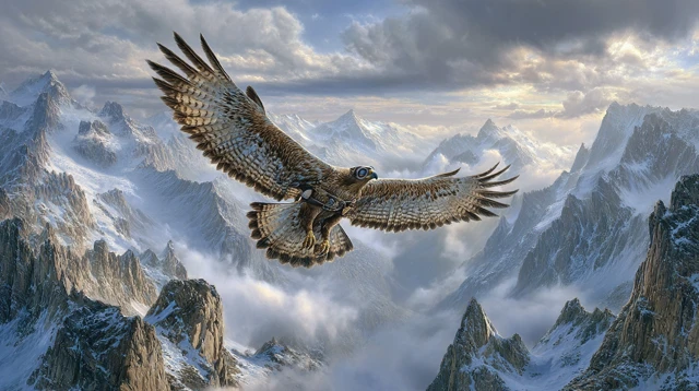 Eagle Pilot Soaring Above Mountains at Sunrise