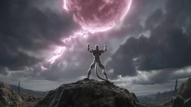 Alien Warrior on Mountain Peak Dramatic Sky