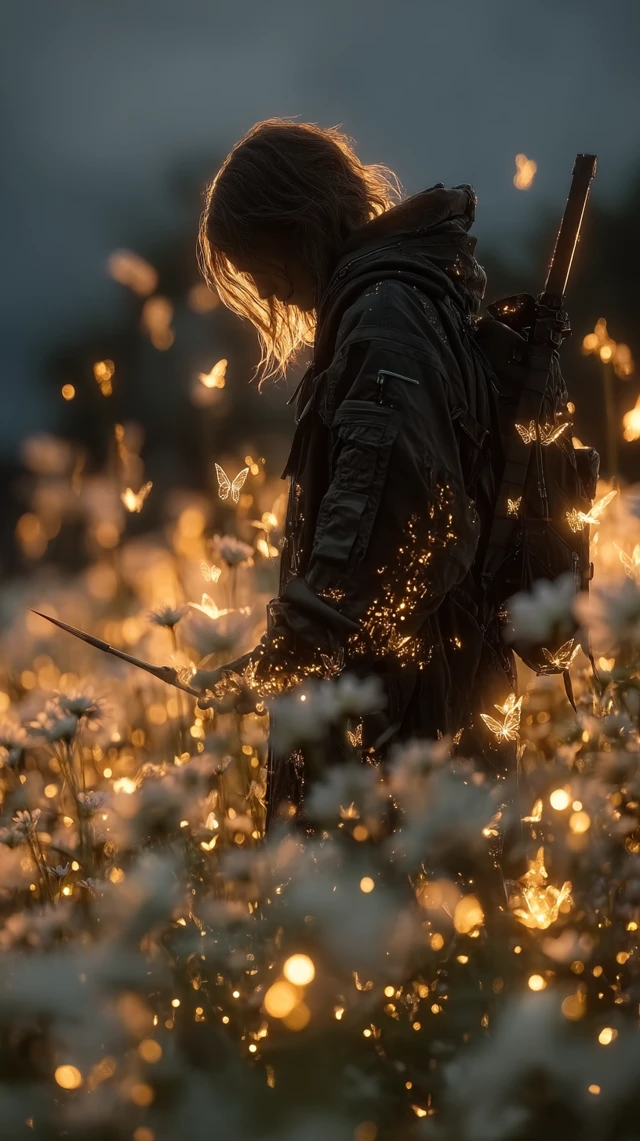 Lone Man in Black Techwear in Glowing Sunflower Field