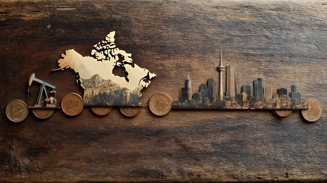 Canada Map Collage on Wood with Coins and Skylines