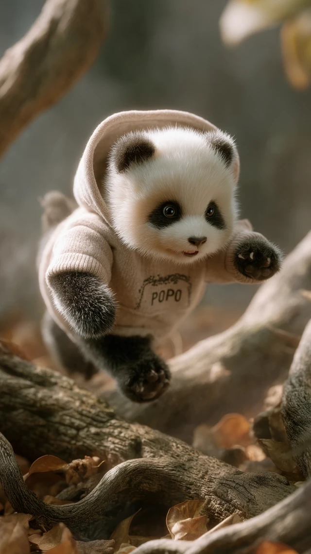 Cute Baby Panda Running in Forest