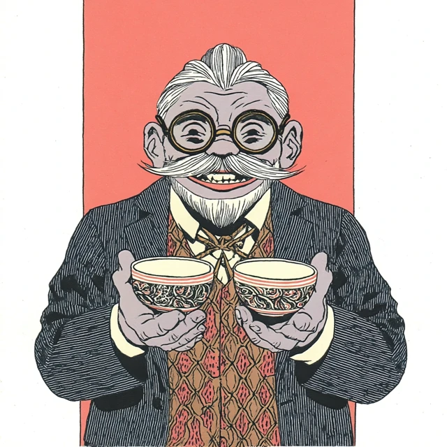 Tea Mascot Professor with Spinning Tea Bowls