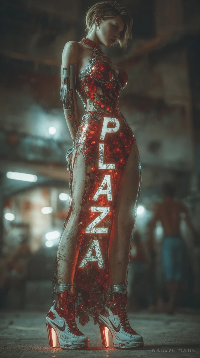 Cyberpunk Woman in Red Dress and Futuristic Heels
