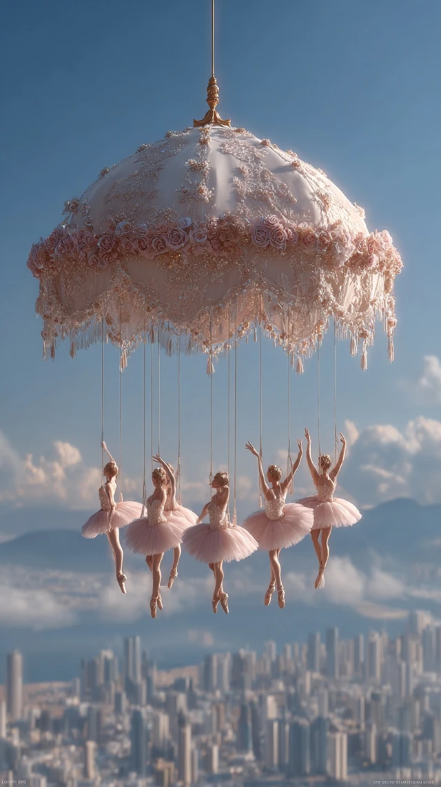Dreamy Ballet Scene Lace Canopy Cityscape