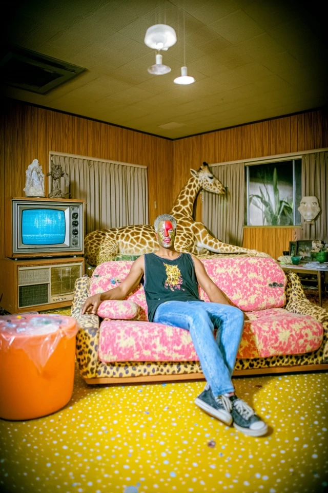 Surreal Retro Scene Giraffe Man on Floral Couch