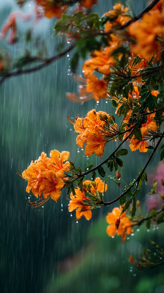 Orange Flowers in Rainstorm Nature Photography
