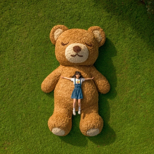 Girl and Giant Teddy Bear on Green Grass