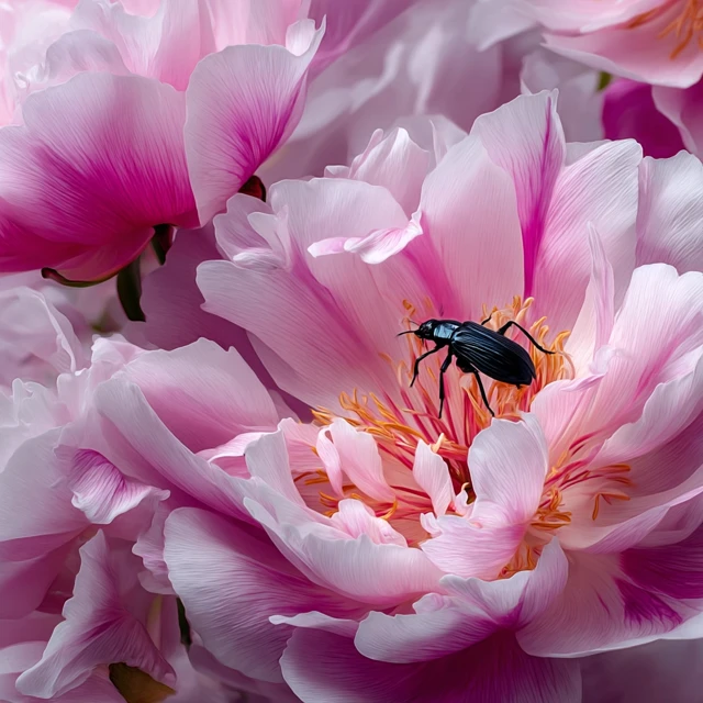 Black Beetle on Pink Peonies Macro Photography