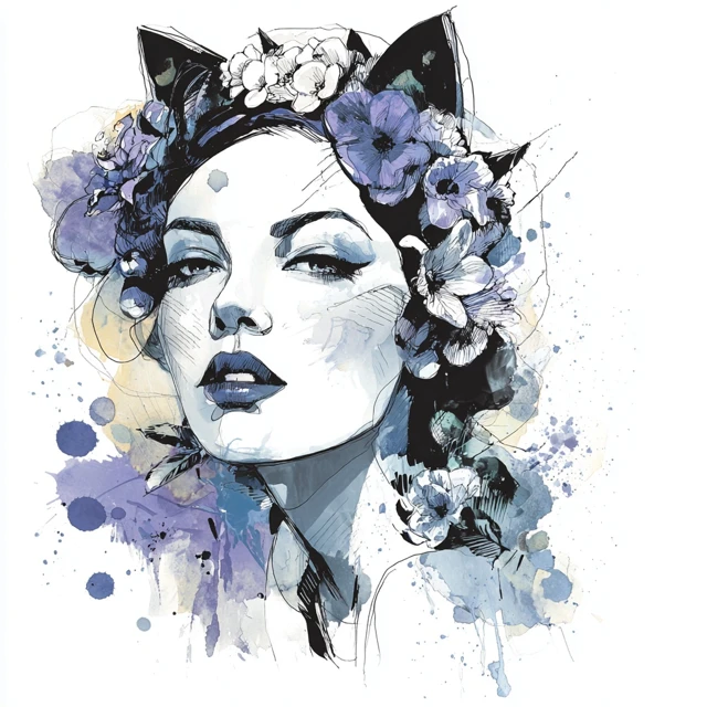 Catwoman with Flowers Sketchy Watercolor Art