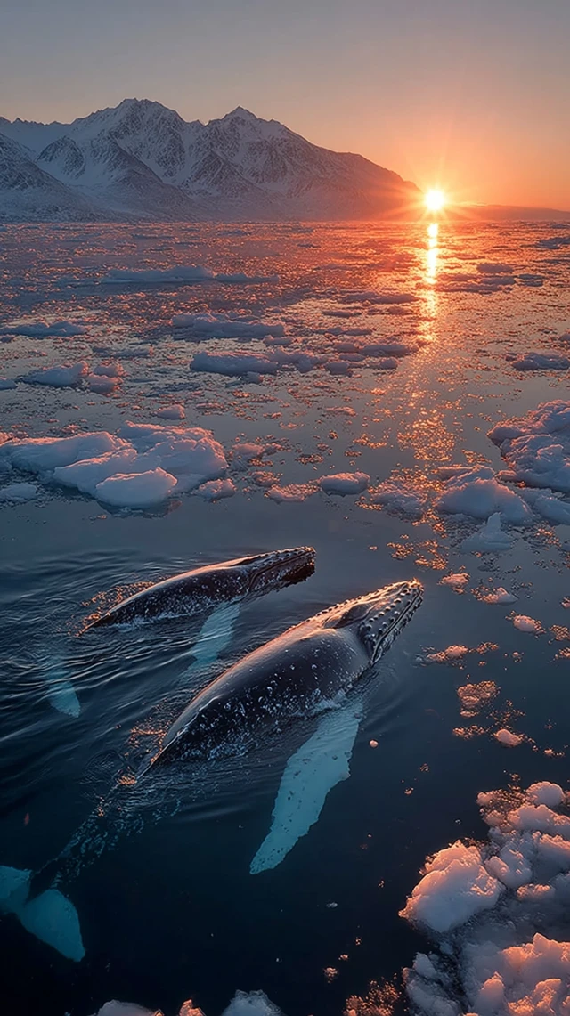 Orcas in Antarctic Waters at Sunrise