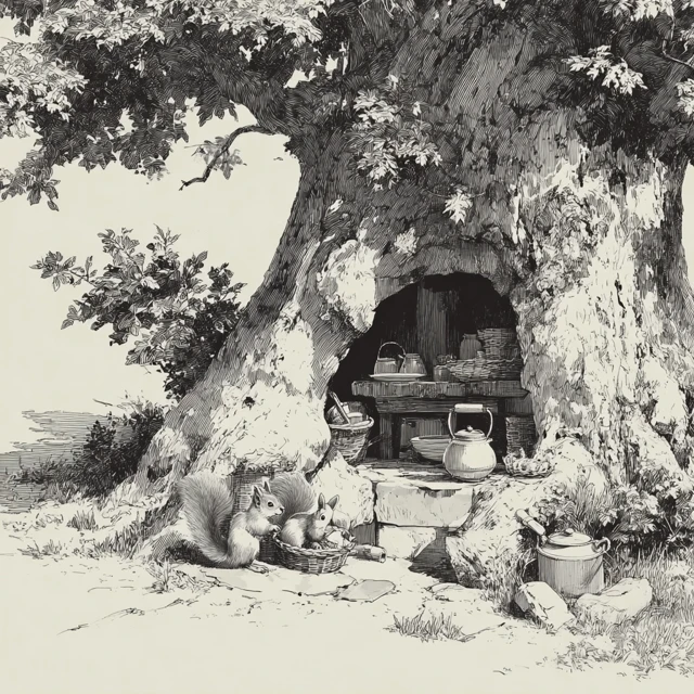Squirrels Home in a Tree Hollow Whimsical Illustration