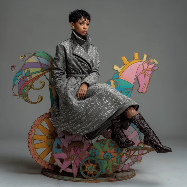 Black Woman in Coat Dress on Pastel Carousel