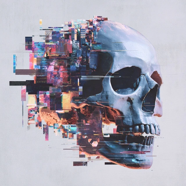 Digital Skull Head Glitch Art Futuristic Illustration