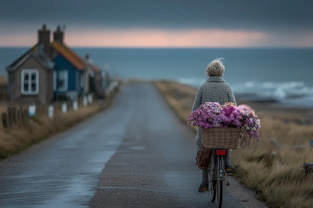 Retired Woman Biking Through Countryside Flowers