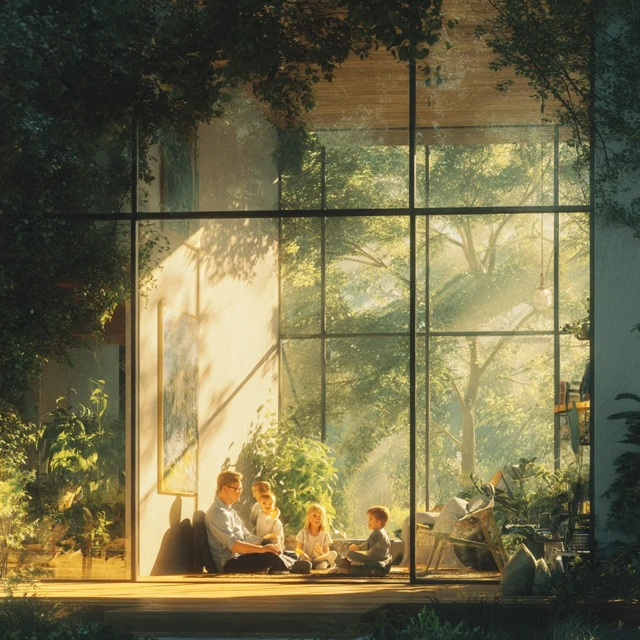 Family Home Sunlight Modern Interior Green Garden