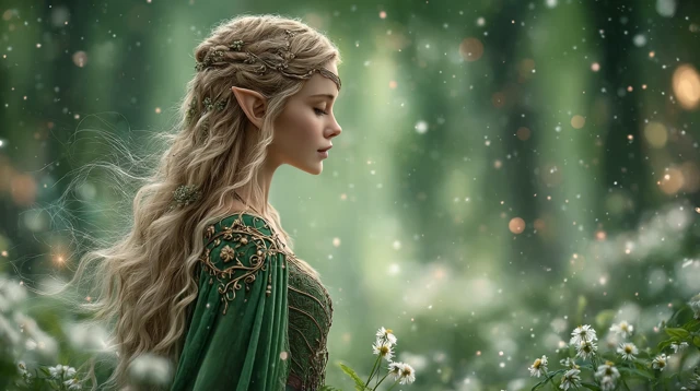 Elven Woman in Green Dress Fantasy Forest Scene