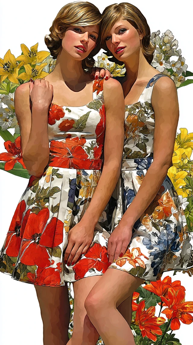 Twin Brothers in Floral Sundresses Digital Illustration