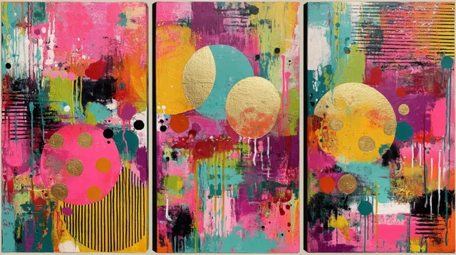 Abstract Triptych Art with Gold Foil Accents