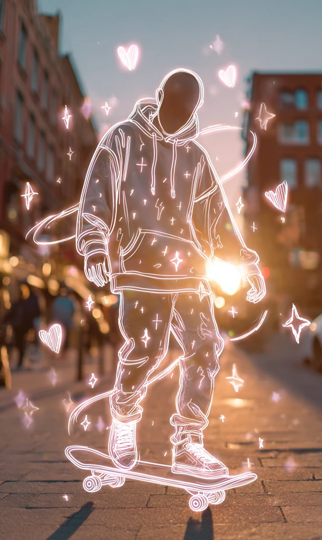 Neon Skateboarder in the City at Golden Hour