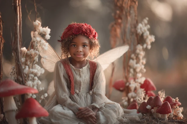 Fairy Child Model in Golden Hour Mushroom Theme