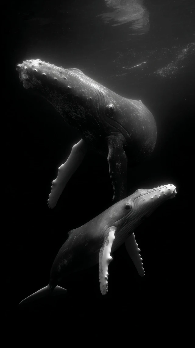 Whales Swimming Underwater Black Background
