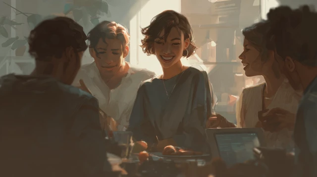 Friends Playing Board Game with AI Subtle Integration