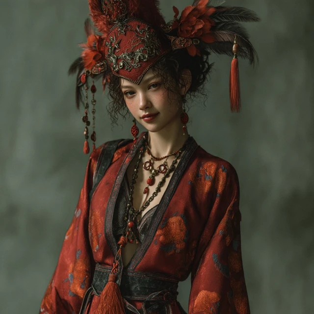 Young Woman in Red Hanfu Costume 3D Render