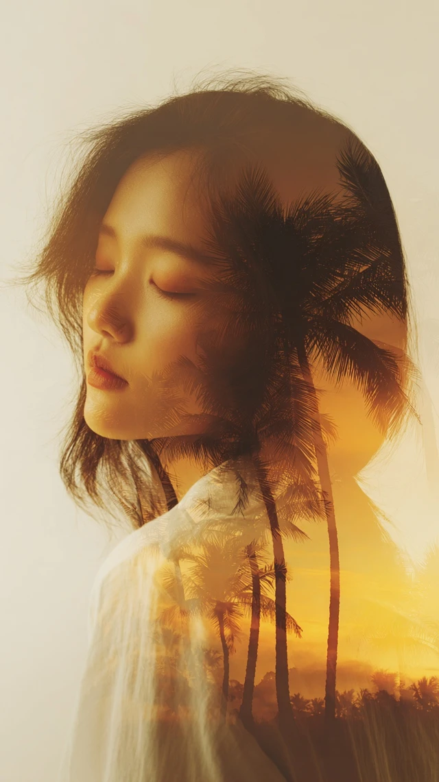 Asian Woman Portrait Sunset Palms