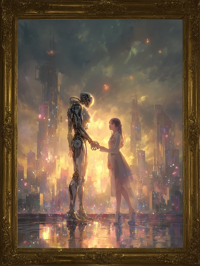 Android and Woman Handshake in Futuristic City Art