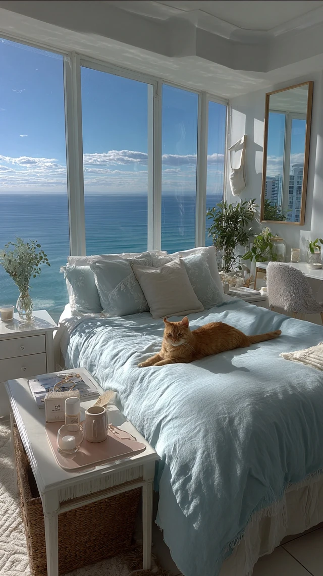 Cozy Bedroom with a Cat and Ocean View