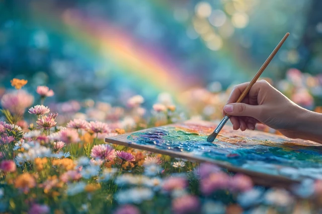 Artist in Summer Meadow Painting Colorful Scene