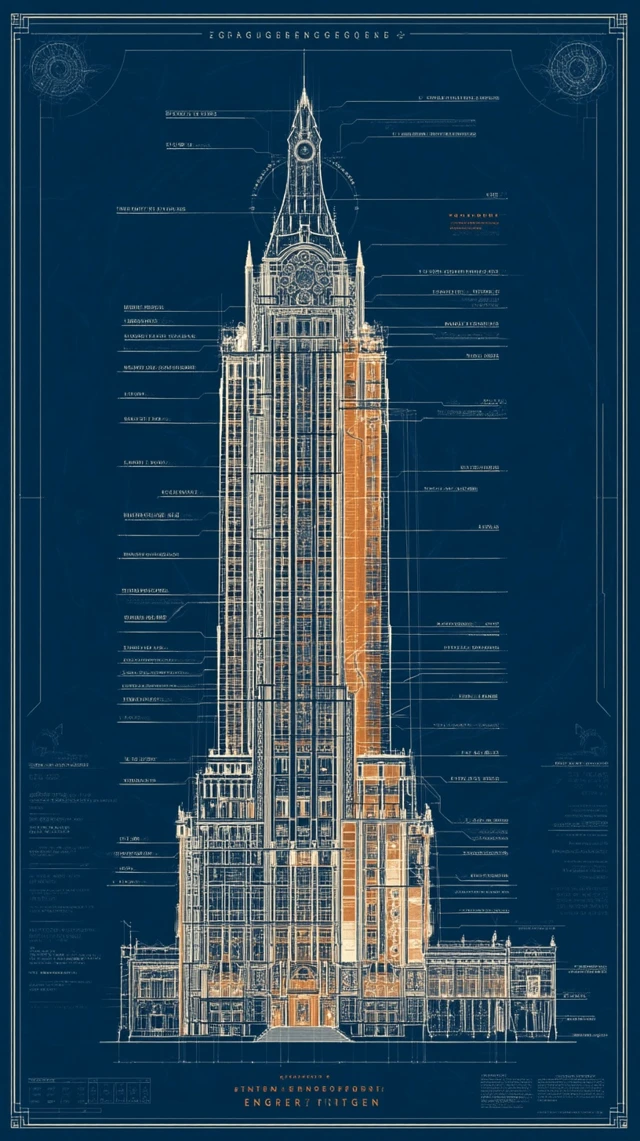 Art Deco Skyscraper Blueprint with Magical Secrets