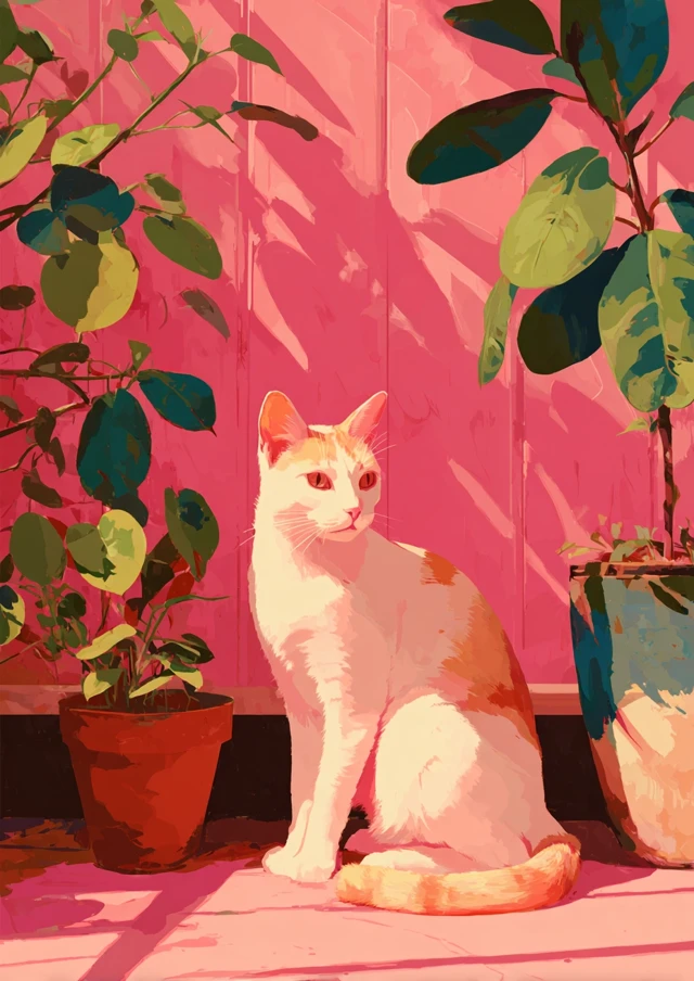 Retro Cat Painting Pastel Colors Plants