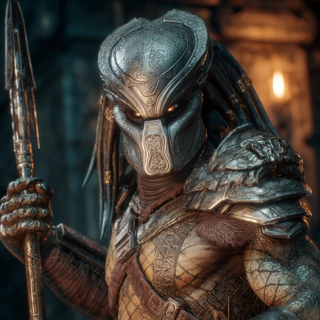 Futuristic Alien Warrior Predator in Ancient Temple
